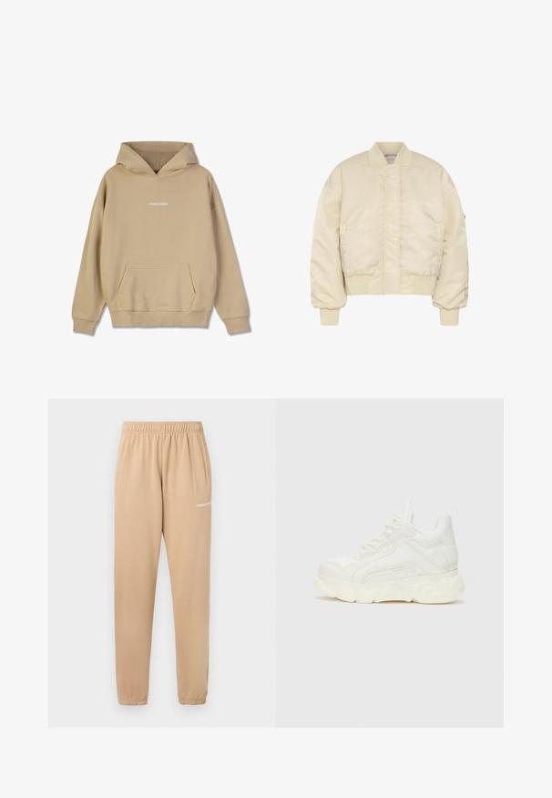 Beige cropped bomberjakke med ribbet krave, manchetter og kant, frontlynlås dækket af en klap og lange puffede ærmer.; Beige hætte sweatshirt lavet af bomuldsagtigt materiale. Har en front-kangaroo lomme og hvid "PEGADOR" logo på brystet.; Beige sweatpants med elastisk talje, tapered ben og sidelommer. Har lille hvid tekst "PEGADOR" på venstre lår.; Hvid sneaker med tekstureret syntetisk materiale, chunky sål og snøre-design. Har diskret branding på siden og en rund tå.