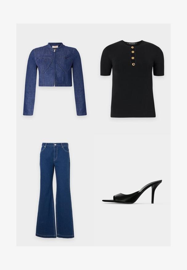 Jeans gecropped jasje in donkerblauw met lange mouwen, ritssluiting en hartvormige patches op de voorkant. Bevat zichtbare stiksels.; Zwarte gebreide top met korte mouwen en een ronde halslijn, voorzien van vijf gouden knoopaccenten aan de voorkant. Gladde textuur, aansluitend ontwerp.; Donkerblauwe flared jeans van denim. Kenmerken zijn onder andere riemlussen, voorzakken en contrasterende stiksels. Brede broekspijpen.; Zwarte leren mule met open teen en hoge slanke naaldhak, zijaanzicht tegen een effen achtergrond.