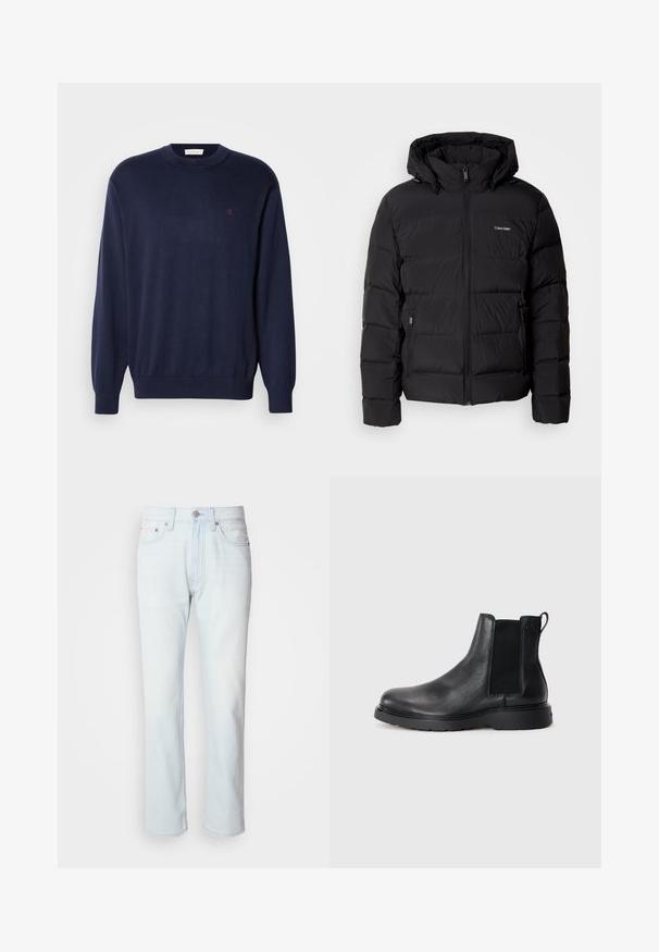Schwarze Pufferjacke mit Reißverschluss vorne und verstellbarem Kapuze. Sie verfügt über gesteppten Einsätze, zwei Seitentaschen und ein kleines Logo auf der Brust.; Marineblauer Pullover aus weichem Stoff, mit Rundhalsausschnitt, gerippten Bündchen und Saum. Kleines gesticktes Logo auf der Brust. Klassische Passform.; Hellblaue Jeans mit geradem Bein. Verfügt über einen Knopfverschluss und Gürtelschlaufen, präsentiert eine ausgebleichte Textur und minimale Nähte.; Schwarze Leder-Chelsea-Boots mit strukturiertem Finish, elastischen seitlichen Einsätzen und einer robusten Gummisohle. Dezentes Branding an der Ferse.