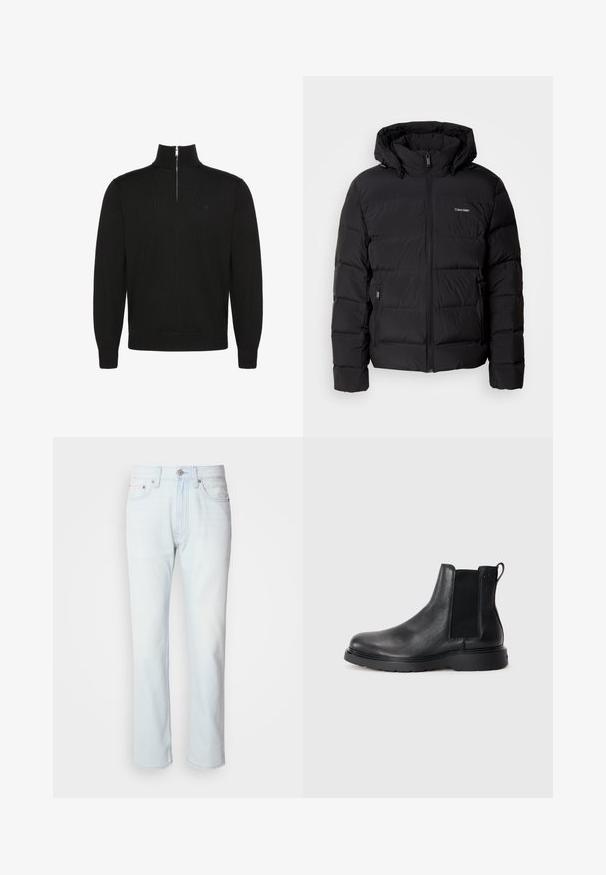 Veste doudoune noire avec fermeture éclair à l'avant et capuche ajustable. Présente des panneaux matelassés, deux poches latérales et un petit logo sur la poitrine.; Pull noir à manches longues avec fermeture éclair sur le devant jusqu'à mi-hauteur, poignets et bas côtelés, avec un petit logo discret sur la poitrine.; Jean en denim bleu clair avec une coupe droite. Présente une fermeture à bouton et des passants de ceinture, mettant en valeur une texture décolorée et des coutures minimalistes.; Bottes Chelsea en cuir noir avec une finition texturée, des panneaux latéraux élastiques et une semelle en caoutchouc robuste. Branding subtil sur le talon.