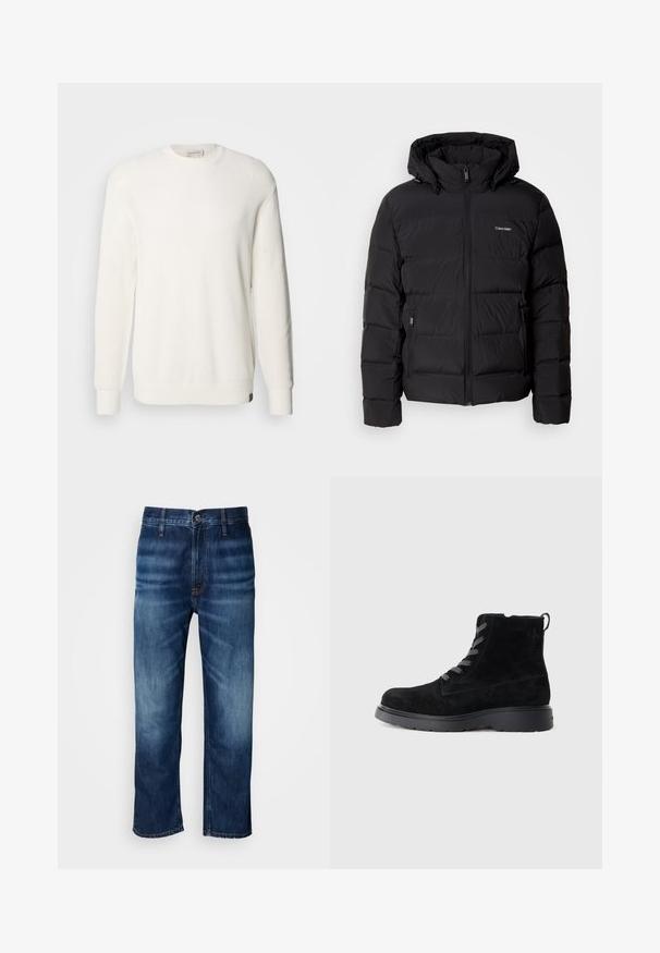 Chaqueta de plumón negra con cremallera frontal y capucha ajustable. Presenta paneles acolchados, dos bolsillos laterales y un pequeño logo en el pecho.; Calvin Klein Jeans CREW - Jersey de punto - tofu; Jeans de mezclilla rectos de color azul oscuro con un leve desvanecimiento en los muslos y un cierre de botón en la cintura, exhibidos sobre un fondo blanco.; Botines de ante negro con una superficie texturizada, puntera redonda, cordones grises y suela negra resistente. Cuenta con una pequeña lengüeta en la parte posterior.