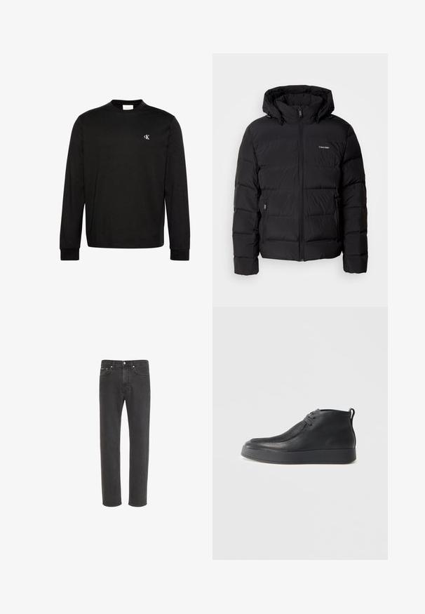 Chaqueta de plumón negra con cremallera frontal y capucha ajustable. Presenta paneles acolchados, dos bolsillos laterales y un pequeño logo en el pecho.; Camiseta negra de manga larga con cuello redondo, con pequeño logo blanco "cK" en el pecho izquierdo y puños acanalados.; Vaqueros negros de corte recto con cierre delantero de botón y cremallera, bolsillos delanteros y traseros, mostrados sobre fondo blanco.; Botín negro de cuero hasta el tobillo con superficie texturizada, cordones en la parte delantera, tirador en el talón y suela de goma gruesa contra un fondo claro.