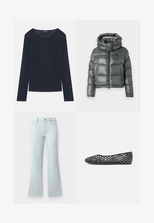 Puffige graue Jacke mit hohem, verstellbarem Kragen, durchgehendem Reißverschluss und zwei großen Fronttaschen; glänzende, gesteppten Textur.; Marineblaue Langarmshirt mit Rundhalsausschnitt und dezentem gesticktem Logo auf der Brust, aus weichem Stoff, auf weißem Hintergrund flach ausgelegt.; Helle blaue, ausgestellte Jeans aus Denim. Verfügt über ein klassisches Fünf-Taschen-Design und einen Frontknopfverschluss. Glatte Textur über das gesamte Material.; Schwarzer flacher Schuh mit offenem Gitterdesign und runder Spitze, mit einem kleinen Metalllogo an der Seite nahe der Ferse.