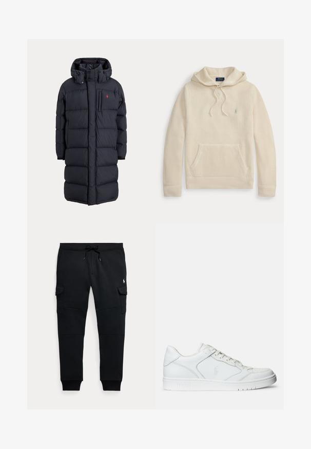 Lange zwarte gewatteerde winterjas met capuchon, voorzakken, verticale ritssluiting op de borstzak en een klein rood logo op de linkerborst.; Gebreide hoodie in crèmekleur met voorzak, capuchon met trekkoord, geribbelde manchetten en zoom, en een klein geborduurd logo op de borst.; Zwarte cargo joggerbroek met trekkoord in de taille, zijzakken met klep, geribde boorden en een klein wit polo speler logo op het rechterdijbeen.; Witte leren sneaker met een gladde textuur, voorzien van een geperforeerde neus, vetersluiting en geborduurde logo aan de zijkant. Witte rubberen zool.