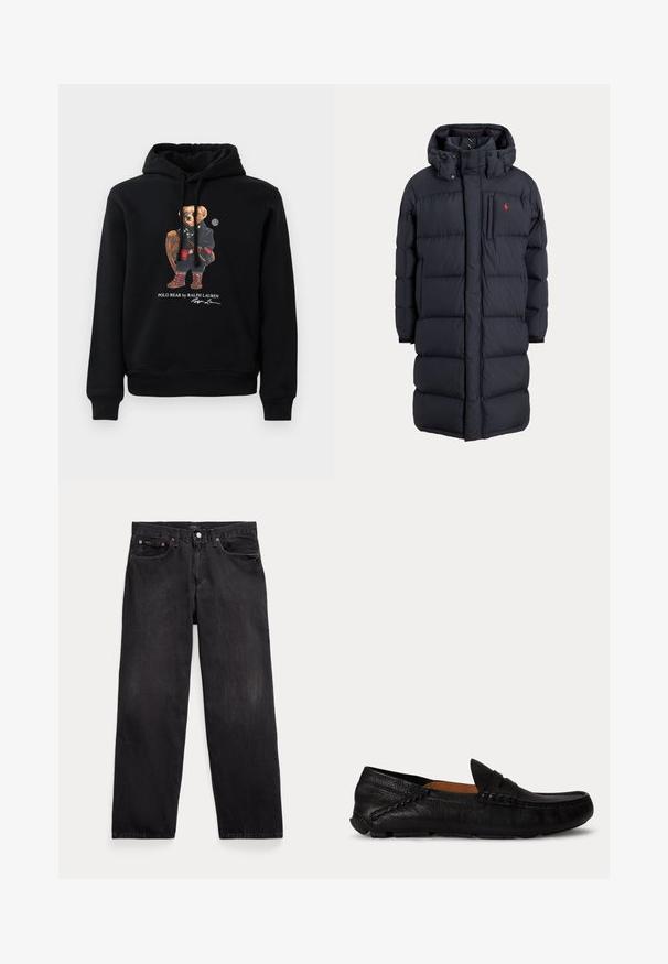 Lange zwarte gewatteerde winterjas met capuchon, voorzakken, verticale ritssluiting op de borstzak en een klein rood logo op de linkerborst.; Zwarte hoodie met een beer in een zonnebril, een jas, laarzen, en met een houten racket in de hand, met de tekst "Polo Bear by Ralph Lauren" eronder.; Zwarte rechte denim jeans met vijf zakken, knoopsluiting en zichtbare metalen klinknagels op de voorzakken.; Zwarte leren instapper loafer met een afgeronde neus en gestikte details langs de zijkanten en bovenkant, zijaanzicht op een witte achtergrond.
