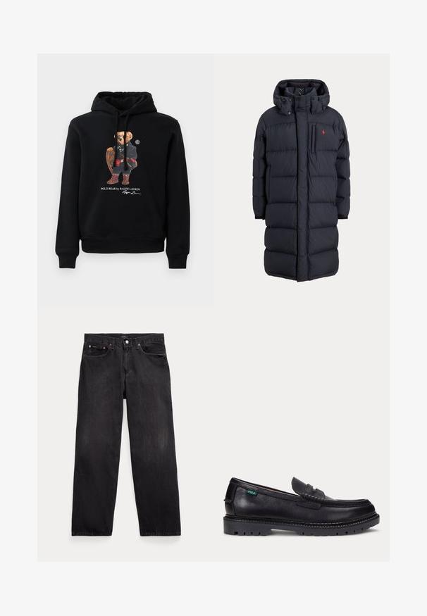 Abrigo de invierno largo negro acolchado con capucha, bolsillos frontales, bolsillo vertical con cremallera en el pecho y pequeño logo rojo en el pecho izquierdo.; Sudadera negra con un oso usando gafas de sol, un abrigo, botas, y sosteniendo una raqueta de madera, con el texto "Polo Bear by Ralph Lauren" debajo.; Vaqueros negros de corte recto con cinco bolsillos, cierre de botón y remaches metálicos visibles en los bolsillos delanteros.; Mocasín de cuero negro con suela gruesa estriada y pequeña etiqueta verde "Polo" en el lado exterior cerca del talón.