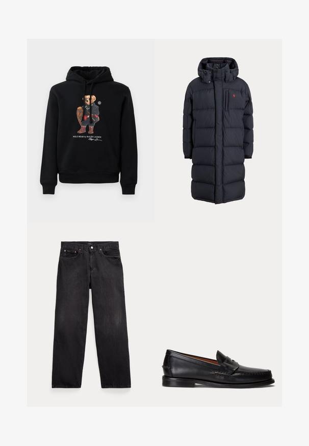 Langer schwarzer, wattierter Wintermantel mit Kapuze, Fronttaschen, vertikalem Reißverschluss an der Brusttasche und kleinem rotem Logo auf der linken Brust.; Schwarzer Hoodie mit einem Bären, der Sonnenbrillen trägt, einen Mantel, Stiefel angezogen hat und einen Holzschläger hält, mit dem Text "Polo Bear by Ralph Lauren" darunter.; Schwarze Jeans mit geradem Bein, fünf Taschen, Knopfverschluss und sichtbaren Metallnieten an den vorderen Taschen.; Schwarzer Lederloafer mit niedrigem Absatz und Pennyriemendetail, von der Seite auf hellgrauem Hintergrund gezeigt.