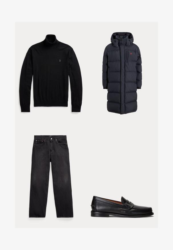 Langer schwarzer, wattierter Wintermantel mit Kapuze, Fronttaschen, vertikalem Reißverschluss an der Brusttasche und kleinem rotem Logo auf der linken Brust.; Schwarzer Langarm-Rollkragenpullover mit gerippten Bündchen und Saum, mit kleinem gesticktem Logo auf der linken Brust.; Schwarze Jeans mit geradem Bein, fünf Taschen, Knopfverschluss und sichtbaren Metallnieten an den vorderen Taschen.; Schwarzer Lederloafer mit niedrigem Absatz und Pennyriemendetail, von der Seite auf hellgrauem Hintergrund gezeigt.