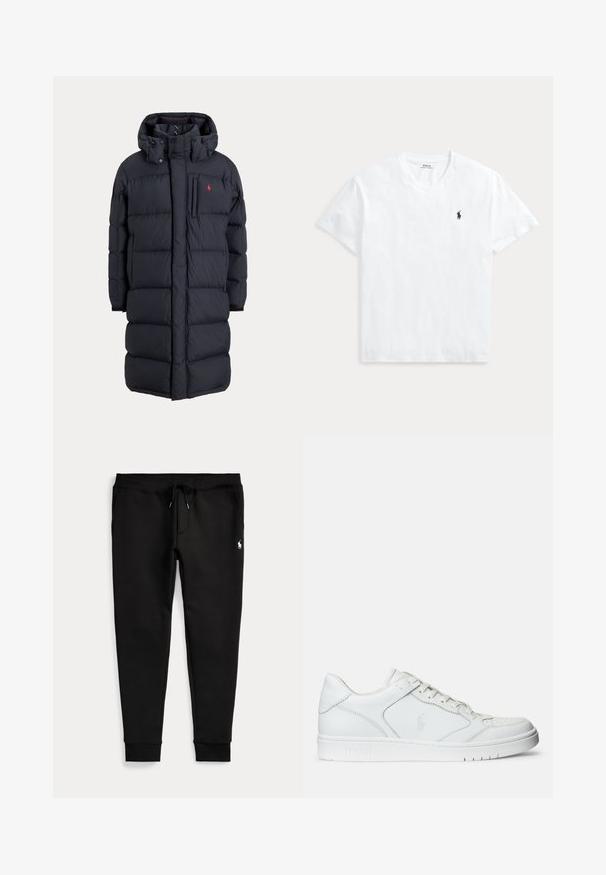 Abrigo de invierno largo negro acolchado con capucha, bolsillos frontales, bolsillo vertical con cremallera en el pecho y pequeño logo rojo en el pecho izquierdo.; Camiseta blanca de manga corta con escote en V y pequeño logo de caballo Polo Ralph Lauren en azul marino en el pecho izquierdo.; Pantalones jogger negros con tobillos con puños, cintura con cordón, bolsillos laterales y pequeño logo blanco de jugador de polo en el muslo derecho.; Zapatilla de cuero blanca con textura suave, que presenta una puntera perforada, cierre de cordones y logo bordado en el lateral. Suela de goma blanca.