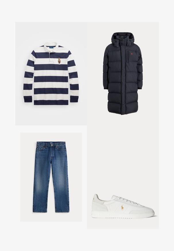 Pikk must polsterdatud talvejope kapuutsiga, esikotid, vertikaalne lukuga rinnatasku ja väike punane logo vasakul rinnal.; Polo Ralph Lauren CLASSIC FIT POLO BEAR RUGBY SHIRT - Pikkade varrukatega topp - blu; Otse lõikega sinised teksapüksid pleekinud detailidega, viie tasku, vööaasade ja nööbi ning tõmblukuga sulgemine, sees Polo Ralph Laureni silt.; Valge madala säärega tennisking paeltega, kuldse Polo Ralph Laureni logoga küljel ja tekstureeritud tallaga ühevärvsel taustal.