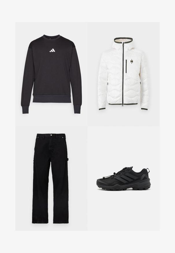 Hvid quiltet hættejakke med sort lynlås foran og lommer, med en brystlomme med et lille sort og gult logopatch.; Sort sweatshirt med lange ærmer, ribbede manchetter og kant; har et hvidt Adidas-logo på brystet, fremstillet af blødt, tekstureret stof.; Sorte denimbukser med lige ben, der har knap- og lynlås-lukning, sidelommer og subtile teksturvariationer.; Sort atletisk sko med en tekstureret mesh-overdel, kontrasterende syntetiske accenter og en robust gummisål. Har et sikkert snøresystem og bageste loop.