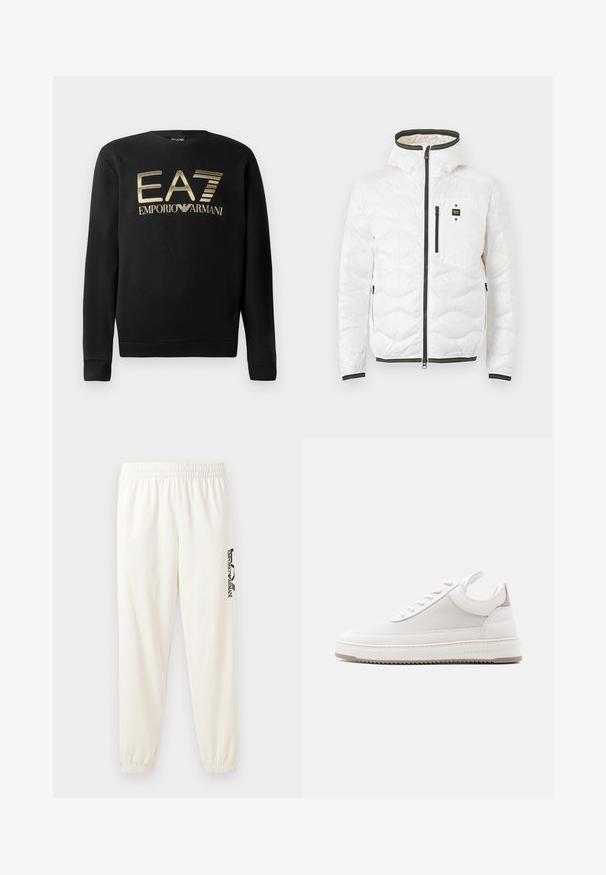 Chaqueta blanca acolchada con capucha, cremallera negra en la parte delantera y bolsillos, con un bolsillo en el pecho que lleva un pequeño parche con logo negro y amarillo.; Sudadera negra con cuello redondo, que presenta el logo dorado de EA7 Emporio Armani en el pecho. Tejido suave con puños y dobladillo acanalados.; Pantalones deportivos de un color beige claro con cinturilla elástica y puños elásticos. Presenta un logo negro impreso en la pierna izquierda. Textura de tela suave.; Zapatilla blanca de perfil bajo con panel lateral texturizado, cuello acolchado, cierre delantero con cordones y marca "Filling Pieces" en el borde de la suela.