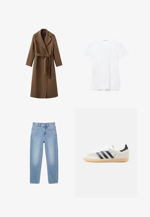 Brun uldfrakke med bælte i taljen, sjalskrave og lange ærmer. Har en lige pasform og glat tekstur.; Hvid kortærmet t-shirt lavet af glat stof, med rund halsudskæring og diskrete syninger ved kanten.; Lyseblå denim jeans med lige pasform, fem lommer og en frontlynlås. Stoffet har en let falmning og en glat tekstur.; Hvide mesh-sneakers med sort tre-stribet design, rundet tå og gummisål. Har blød hælkant og snørelukning.