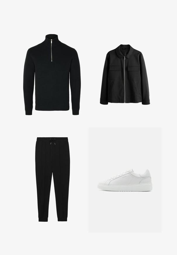 Schwarze Jacke mit Kragen, frontzipper, zwei Brusttaschen und Seitentaschen. Glattes Material mit strukturiertem Design und langen Ärmeln.; Schwarzer langärmeliger Strickpullover mit einem gerippten hohen Kragen und einem silberfarbenen Halbreißverschluss in der vorderen Mitte.; Schwarze Sporthosen mit Kordelzugbund, schmal zulaufenden Beinen und gerippten Bündchen. Hergestellt aus einem weichen Stoff mit glatter Textur.; Weißer Ledersneaker mit glatter Textur, runder Zehenpartie, niedrigem Profil und dezentem Branding an der Seite. Gepolsterter Schaft und Schnürsenkel.