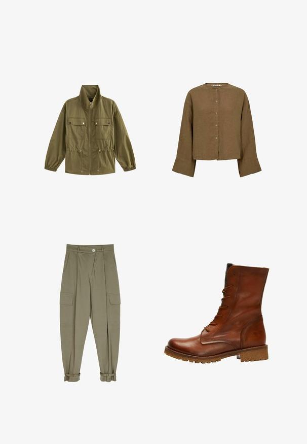 Chaqueta verde oliva con cremallera, cuello alto, dos bolsillos delanteros con solapa y botones de presión, cordones ajustables en la cintura y puños elásticos.; Camisa corta marrón abotonada con mangas largas y anchas y escote redondo, tela de lino, talla 36.; Pantalones cargo verde oliva hechos de tejido suave, con dos bolsillos frontales, diseño plisado y puños con cierres ajustables.; Botín de cuero marrón hasta el tobillo con un acabado suave, punta redonda, cordones en la parte delantera y puño texturizado. Presenta una suela resistente para mayor tracción.