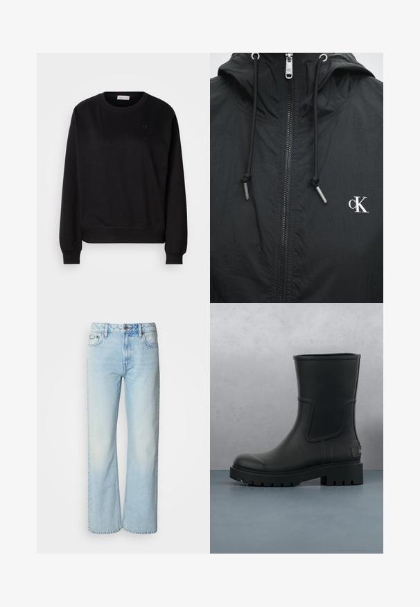 Sort hættejakke med forlynlås, sorte snore med metalender og hvid "cK"-logo på højre side af brystet.; Sort sweatshirt lavet af blødt materiale, med rund hals, ribbede manchetter og et lille CK-logo på brystet. Simpelt, minimalistisk design.; Lyseblå brede jeans lavet af denim med et klassisk fem-lomme design og en subtil falmet tekstur. Denim-syninger er synlige.; Sort mat læder ankelstøvle med tyk klodset sål, svævende over træfliser og små grå sten udendørs.