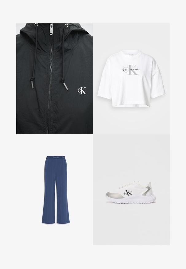 Zwarte capuchonjas met ritssluiting aan de voorkant, zwarte aantrekkoorden met metalen uiteinden en een wit "cK"-logo aan de rechterkant van de borst.; Witte cropped t-shirt met oversized mouwen en een grote grijze "CK" en zwarte "Calvin Klein" logo centraal op de voorkant.; Marineblauwe wijde broek gemaakt van zachte stof met een gladde textuur. Heeft een elastische tailleband met het "Calvin Klein" logo langs de bovenkant.; Witte sportschoenen met een zilveren accent, een gladde textuur en een rubberen zool. Beschikt over een opvallend zwart logo aan de zijkant en veters.