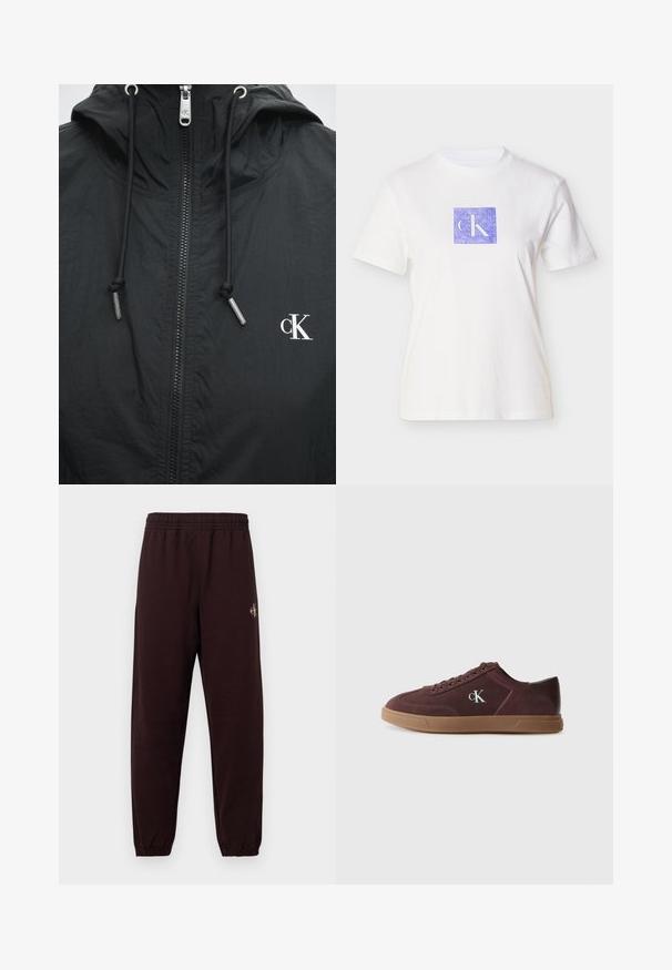 Zwarte capuchonjas met ritssluiting aan de voorkant, zwarte aantrekkoorden met metalen uiteinden en een wit "cK"-logo aan de rechterkant van de borst.; Wit katoenen T-shirt met een paars vierkant ontwerp met daarin de letters "CK" in een lichte tint. Korte mouwen en een ronde hals.; Donkerbruine joggingbroek met een elastische tailleband, taps toelopende pijpen en een klein gouden logodetail aan de linkerkant. Gladde stoftextuur.; Calvin Klein Sneakers laag - bordeaux