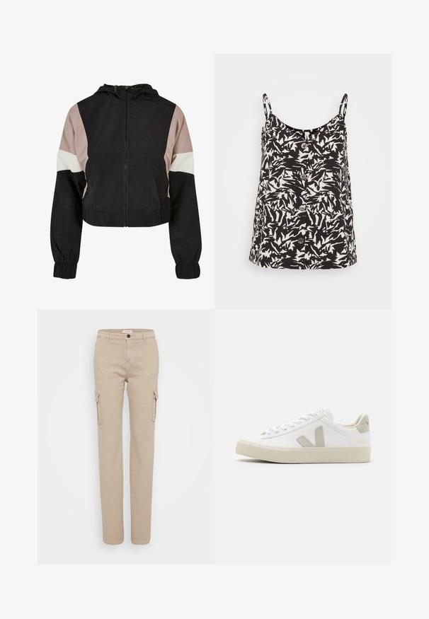 Veste courte avec un corps noir et des blocs de couleurs rose clair, blanc et noir. Design avec capuche, poignets élastiques et fermeture éclair à l'avant.; Top sans manches noir et blanc présentant des motifs abstraits ressemblant à des feuilles, un col rond et des boutons centraux sur le devant.; Pantalons cargo beiges en coton, dotés de poches latérales, d'une coupe droite et d'une fermeture à bouton. Texture lisse avec des coutures minimales.; Baskets blanches en cuir avec des accents gris en forme de V, semelle en caoutchouc texturé, lacets blancs, et languette et col rembourrés.