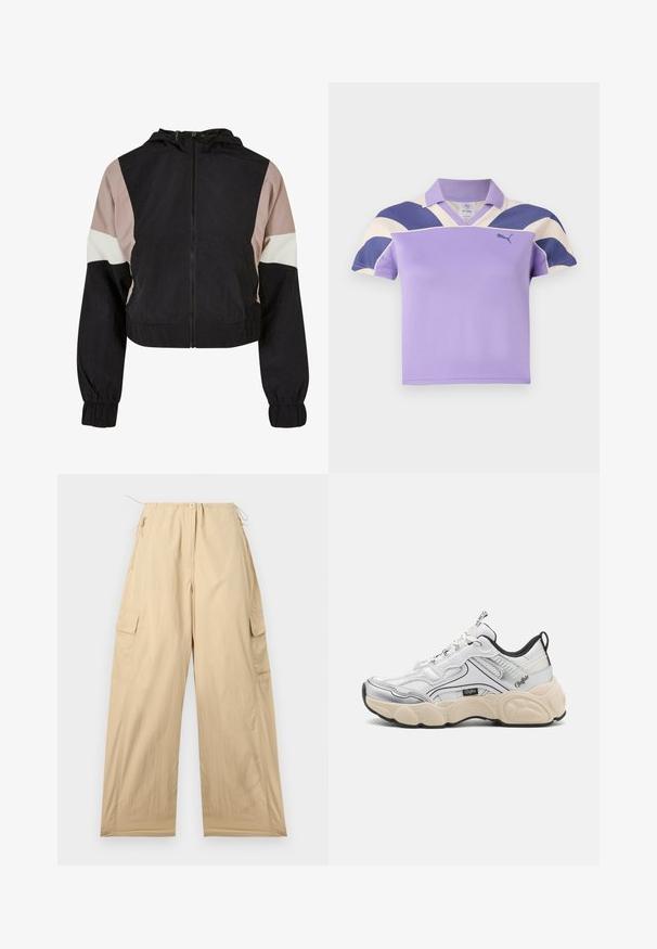 Gekürzte Jacke mit schwarzem Oberteil und Farbblöcken in Hellrosa, Weiß und Schwarz. Kapuzenentwurf mit elastischen Bündchen und einem Frontreißverschluss.; Lila Poloshirt mit Kragen, ausgestattet mit großen Creme- und Marineblauen Streifen auf den Schultern. Weicher, strukturiertes Material, lässiges Design.; Beige Cargo-Hosen mit lockerer Passform, ausgestattet mit einem Kordelzugbund, zwei Seitentaschen und einem glatten, leichten Material.; Weißer Sportschuh mit Mesh- und Synthetikpaneelen, silbernen Akzenten, klobiger cremiger Sohle und kontrastierenden schwarzen Details. Verfügt über ein Schnürsystem.