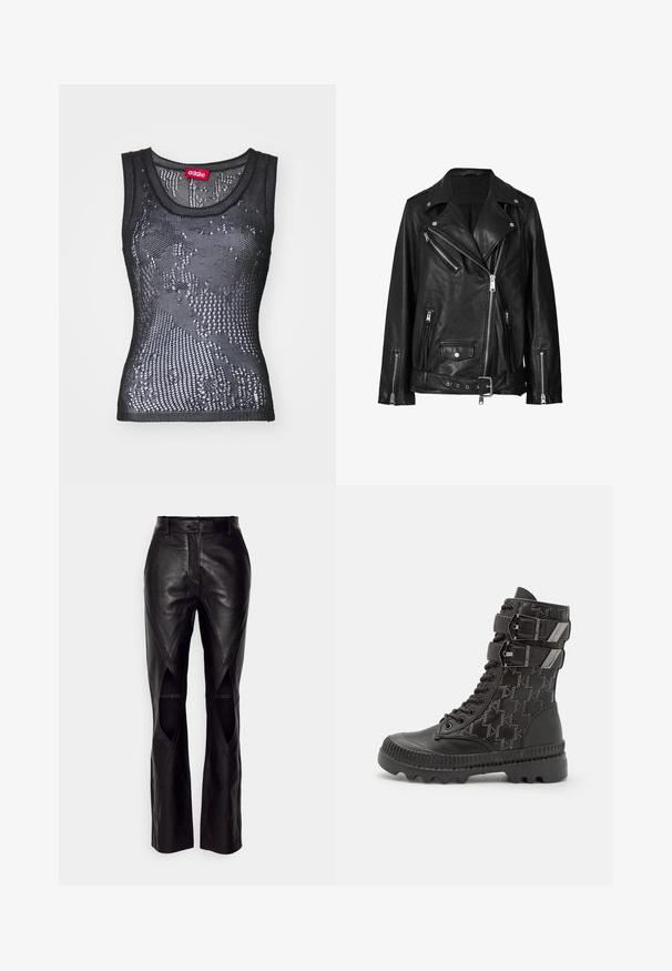 Veste de biker en cuir noir avec des fermetures éclair asymétriques, des boutons-pression et une ceinture. La texture est lisse avec une finition légèrement brillante.; Débardeur en maille noire avec un col rond et un motif de petits trous. L'étiquette intérieure indique "032c". Le matériau semble léger et texturé.; Pantalons en cuir noir avec une coupe ajustée, dotés de coutures diagonales et d'ouvertures sur les côtés. Jambes droites avec une fermeture à bouton à la taille.; Bottes de combat noires avec une tige texturée arborant un motif pied-de-poule, deux sangles ajustables et une semelle robuste.