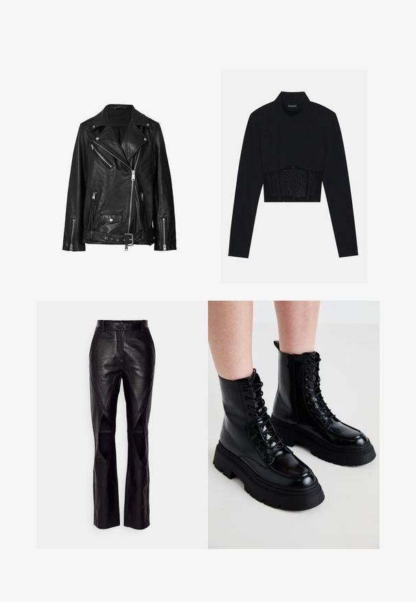 Schwarze Lederbikerjacke mit asymmetrischen Reißverschlüssen, Druckknöpfen und einem Gürtel. Die Textur ist glatt mit einem leicht glänzenden Finish.; Schwarzes langärmliges Crop-Top mit hohem Kragen, einem durchsichtigen Netzpaneel an der Taille und strukturierten Nähten für einen taillierten Schnitt.; Schwarze Lederhosen mit einer körpernahen Passform, die diagonale Nähte und Ausschnitte an den Seiten aufweisen. Gerade Beine mit einem Knopfverschluss an der Taille.; Schwarze Lederknöchelstiefel mit einer kräftigen Sohle, Schnürung vorne und seitlichem Reißverschluss; besitzen ein glattes Finish und eine erhöhte Zehenkappe.