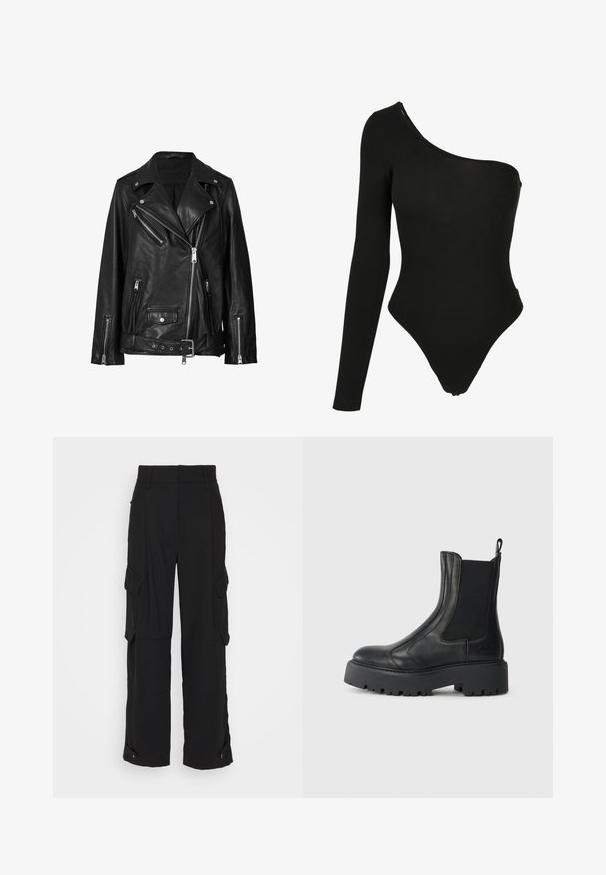 Schwarze Lederbikerjacke mit asymmetrischen Reißverschlüssen, Druckknöpfen und einem Gürtel. Die Textur ist glatt mit einem leicht glänzenden Finish.; Schwarzer One-Shoulder-Bodysuit aus dehnbarem Stoff, mit einem langen Arm auf einer Seite, hochgeschnittenen Beinausschnitten und einer figurschmeichelnden Silhouette.; DAY Birger et Mikkelsen LANCE CLASSIC GABARDINE - Cargohose - black; Schwarze Lederknöchelstiefel mit elastischen seitlichen Einsätzen, einer abgerundeten Spitze und einer grob strukturierten Gummisohle. Mit einem Ziehschlaufen an der Rückseite.