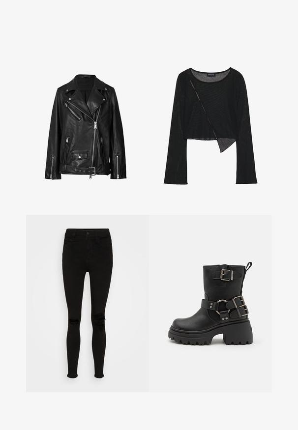 Veste de biker en cuir noir avec des fermetures éclair asymétriques, des boutons-pression et une ceinture. La texture est lisse avec une finition légèrement brillante.; Crop top noir à manches longues en tissu léger et transparent. Il présente un col rond et un ourlet asymétrique avec une légère texture.; American Eagle SUPER HIGH RISE - Jegging - black wash; Bottine en cuir noir avec une semelle épaisse, accents de boucle et de sangle, et une finition texturée. Équipée d'une languette pour un enfilage facile.