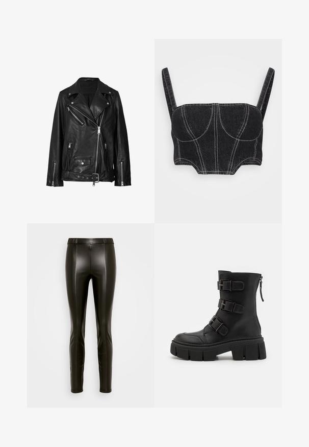 Veste de biker en cuir noir avec des fermetures éclair asymétriques, des boutons-pression et une ceinture. La texture est lisse avec une finition légèrement brillante.; Top court en denim noir avec bretelles fines, présentant des coutures blanches, un buste structuré et des coutures courbées. Texture lisse et design ajusté.; Leggings en simili cuir noir avec une taille haute élastique, coupe ajustée et détails de coutures subtils à l'avant et à l'arrière.; Even&Odd Bottines de cowboy / motard - black