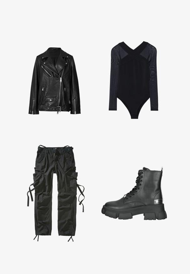 Zwarte leren motorjack met asymmetrische ritsen, drukknoopsluitingen en een riem. De textuur is soepel met een licht glanzende afwerking.; Zwarte bodysuit met lange mesh mouwen, een diepe V-hals en een aansluitend ontwerp, waarbij de gladde stof en de ingetogen constructie worden benadrukt.; Zwarte cargobroek van lichtgewicht stof, met meerdere zakken, trekkoorden aan de zijkanten en een ontspannen pasvorm met versterkte stiksels.; Zwarte leren enkellaarsjes met een stevige platformzool, ronde neus, en voorlacing met metalen oogjes en een trekhaak aan de achterkant.