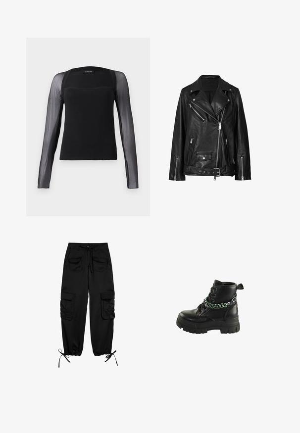 Chaqueta de motorista de cuero negro con cremalleras asimétricas, botones a presión y un cinturón. La textura es suave con un acabado ligeramente brillante.; Top negro de manga larga con un cuerpo sólido y mangas de malla negra transparente. Presenta un escote cuadrado y una textura suave.; Pantalones cargo negros de tela suave, con cintura elástica y cordón, dos bolsillos frontales y dos bolsillos laterales con solapas de botón. Puños ajustables.; Botín negro de cuero con una suela de goma gruesa, que presenta ojales coloridos y un detalle de cadena envuelto alrededor del tobillo.