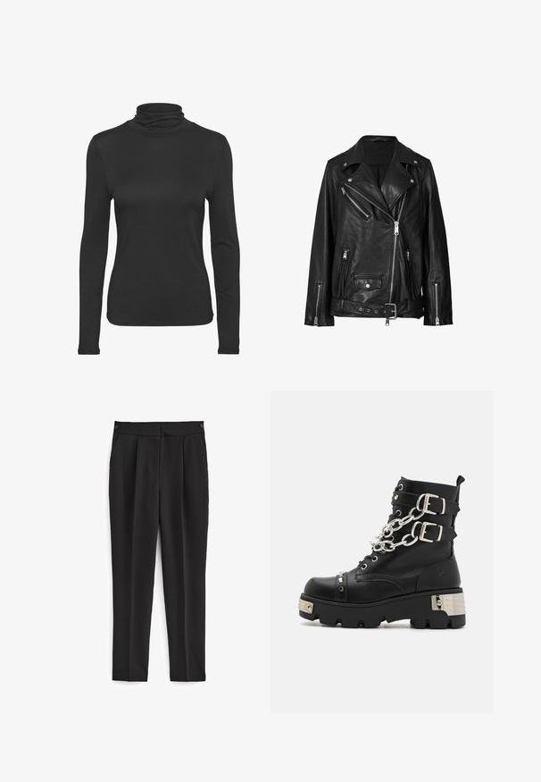 Zwarte leren motorjack met asymmetrische ritsen, drukknoopsluitingen en een riem. De textuur is soepel met een licht glanzende afwerking.; Zwarte lange mouw turtleneck shirt gemaakt van glad, rekbaar materiaal. Heeft een aansluitend ontwerp en een klassieke hoge kraag.; Zwarte broek met een getailleerde pasvorm, voorzien van een platte voorkant, twee zijzakken en een strakke, naadloze uitstraling. Gemaakt van een gladde, ademende stof.; Koi Footwear SHACKLED SHADOWS HEAVY DUTY CHAIN - Cowboy-/Bikerlaarsjes - black