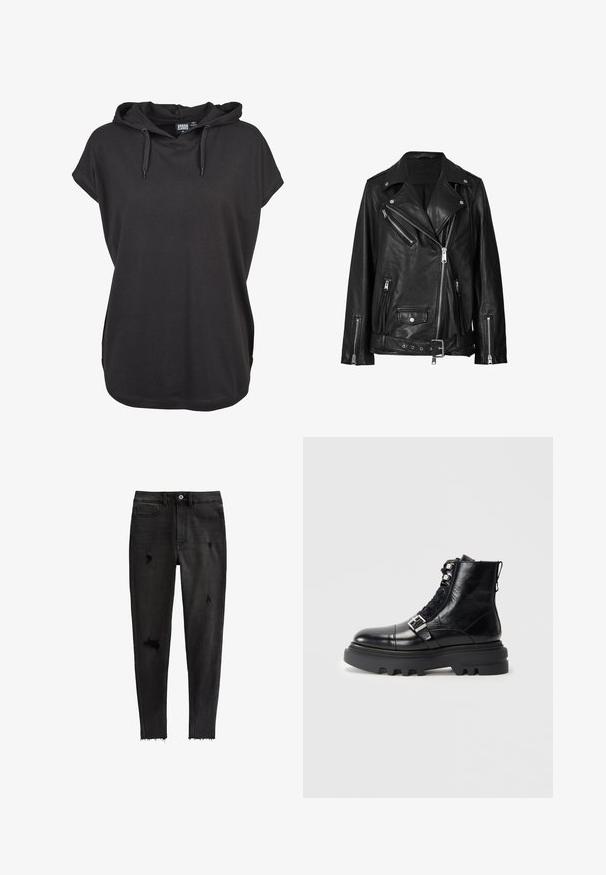 Chaqueta de motorista de cuero negro con cremalleras asimétricas, botones a presión y un cinturón. La textura es suave con un acabado ligeramente brillante.; Camiseta con capucha negra, de manga corta, hecha de un tejido suave. Presenta cordones ajustables y un corte relajado. Diseño simple, sin patrones.; Vaqueros negros ajustados de mezclilla, con detalles desgastados, cintura alta, cinco bolsillos y un dobladillo sin rematar en los tobillos.; Botín de cuero negro hasta el tobillo con acabado texturizado, que presenta un diseño de cordones, acentos de metal y una suela de goma gruesa con un dibujo pronunciado.
