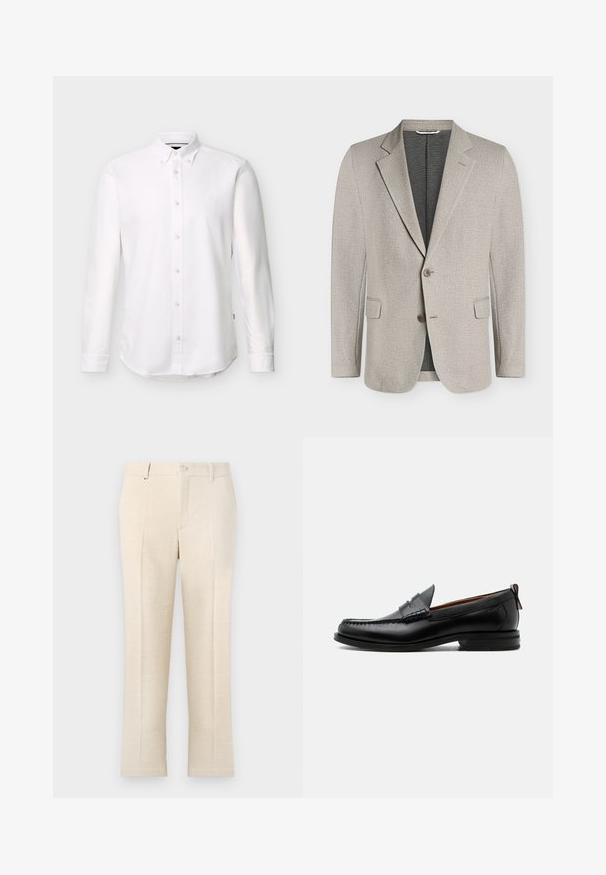 Blazer pour homme beige clair texturé avec revers crantés, deux boutons, poches à rabat et doublure intérieure foncée.; Chemise blanche à manches longues avec col boutonné et petit logo brodé sur la poitrine gauche.; Pantalons beige ajustés en tissu texturé, avec une fermeture éclair, deux poches avant, et une coupe slim droit.; Mocassin homme en cuir noir avec couture moc toe, bride penny, col texturé et petit talon empilé sur fond blanc.