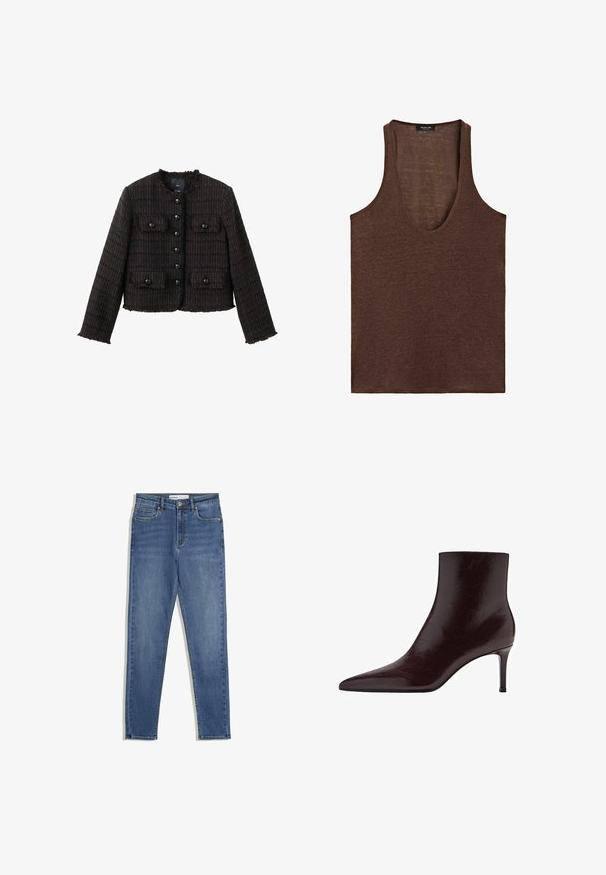 Veste en tweed marron à coupe carrée, avec tissu texturé, bords effilochés et six boutons noirs sur le devant. Comprend deux poches poitrine.; Débardeur marron sans manches avec un profond col en U, fabriqué en tissu léger, étiquette Massimo Dutti à l'intérieur du col.; Jean en denim bleu avec taille haute, coupe slim, poches avant, fermeture éclair et coutures contrastantes. Design structuré avec une texture lisse.; Bottine en cuir bordeaux avec un bout pointu, un design épuré et un haut talon aiguille. Texture lisse avec un discret grain.