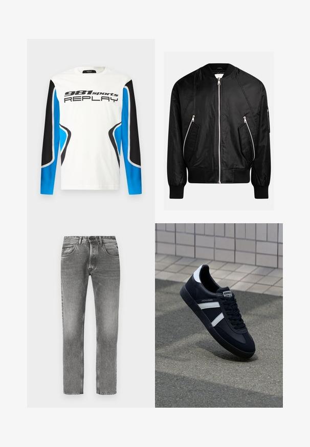 Chaqueta bomber negra con cierre frontal a cremallera, puños acanalados y dos bolsillos diagonales con cremallera, de acabado liso y brillante.; Camisa deportiva de manga larga con el frente blanco, paneles de mangas en negro y azul, y el logotipo "981 sports REPLAY" impreso en el pecho.; Pantalones vaqueros de mezclilla gris con diseño de pierna recta, acabado desgastado, cinco bolsillos, trabillas para cinturón y detalles de costura en contraste.; Zapatilla de cuero negra con rayas blancas, suela de goma texturizada y parte frontal con cordones. Cuenta con una etiqueta de marca en la lengüeta.