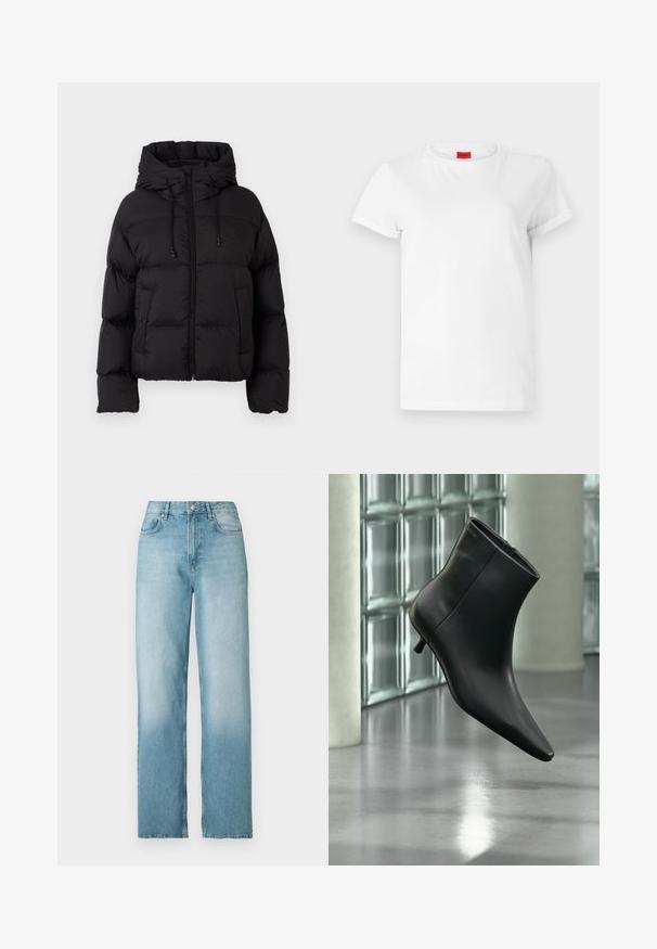 Sort quiltet pufferjakke med hætte, frontlynlås, snoretræk og to frontlommer mod en almindelig hvid baggrund.; Hvid kortærmet t-shirt lavet af letvægts bomuld. Har en rund halsudskæring og rullede ærmer. Rød logoetiket på kraven.; Lyseblå høj talje straight-leg denimjeans med frontknap og lynlås, for- og baglommer, vist på hvid baggrund.; Sort læderankelstøvle med spids tå og lav kitten-hæ, vist vinklet mod en poleret gulv- og glasblokvæg.