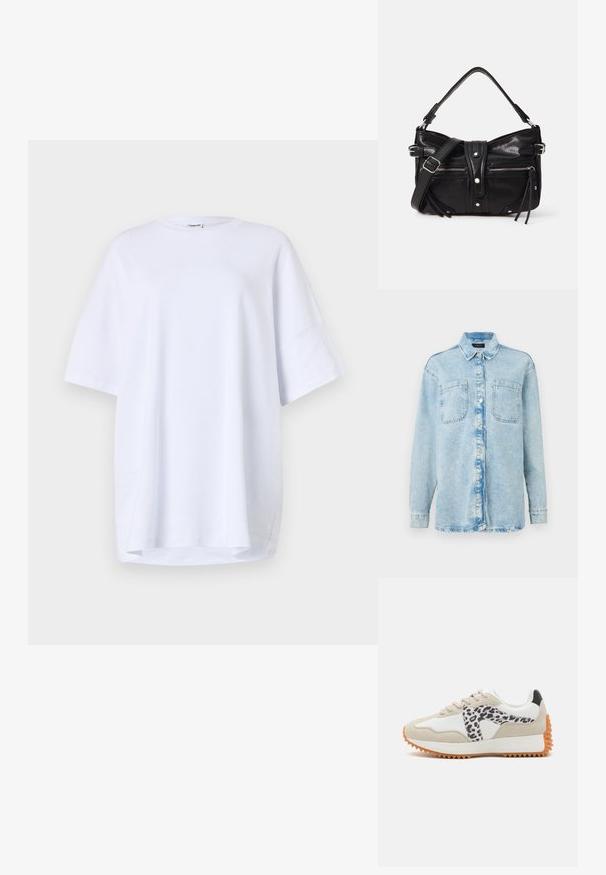 Chemise en denim bleu clair à manches longues, avec deux poches avant, fermeture à boutons, design légèrement délavé et col classique.; T-shirt blanche à manches courtes et oversized en coton. Encolure ronde, fentes sur les côtés à l'ourlet et texture lisse sans motifs ni accents visibles.; Baskets beiges et blanches avec un panneau à imprimé léopard, en suédine texturée et semelle en caoutchouc avec des rainures pour une meilleure traction. Lacets et col rembourré inclus.; Even&Odd H24462 - Sac à main - black