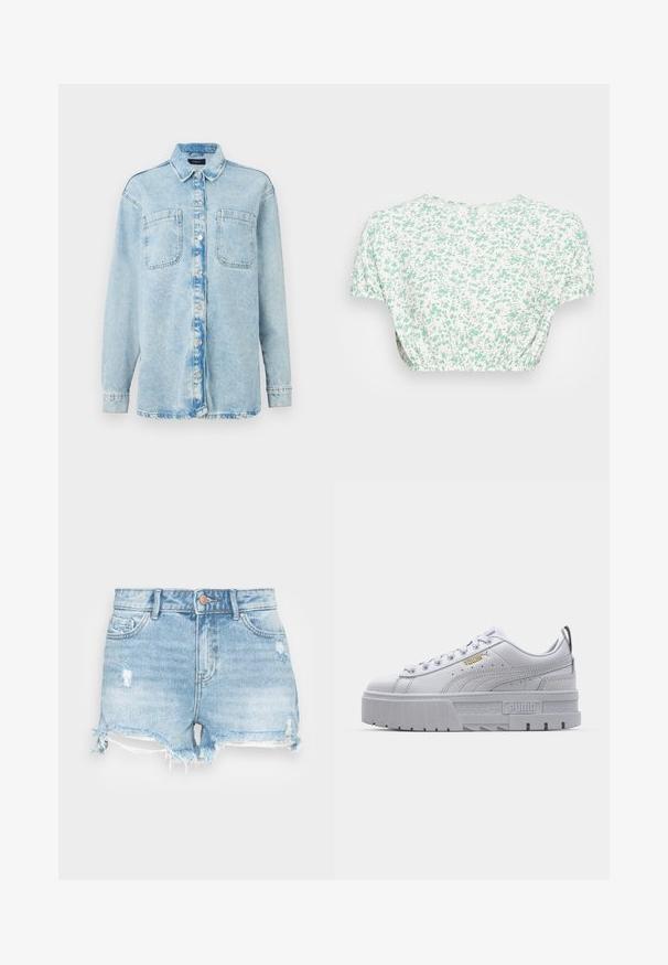 Camisa de denim azul claro con mangas largas, dos bolsillos frontales, cierre de botones, diseño ligeramente desgastado y cuello clásico.; Top corto floral con mangas cortas, hecho de tela liviana. Base blanca con pequeño patrón floral verde y detalle de cintura fruncida.; Shorts de mezclilla en azul claro con un acabado desgastado, dobladillo deshilachado y diseño clásico de cinco bolsillos. Presenta un cierre de botón metálico.; Zapatillas de plataforma blancas con parte superior de cuero suave, cuello acolchado, suela de goma gris y detalles dorados que presentan el logo de Puma.