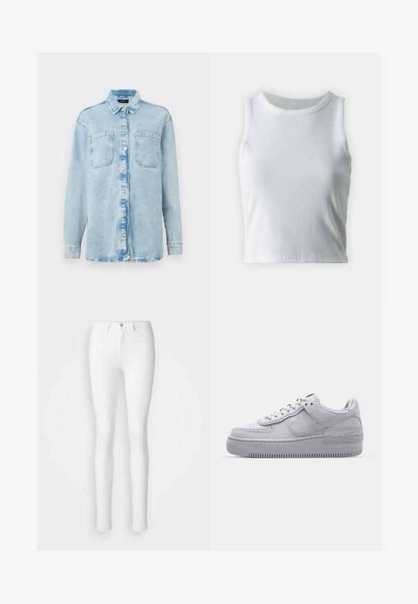 Himmelblaues Denim-Hemd mit langen Ärmeln, zwei vorderen Taschen, Knopfverschluss, leicht verblasstem Design und klassischem Kragen.; Weißes, geripptes Tanktop mit runder Ausschnittform und ärmellosem Design, ausgestattet mit einem geraden Saum und einer glatten, dehnbaren Textur.; Weiße, schmale Jeans aus einem dehnbaren Baumwollmix, mit vorderen Taschen, einem Reißverschluss und einem einzelnen Knopfverschluss.; Graue Nike Air Force 1 Sneaker mit perforierter Zehenpartie, Obermaterial aus glattem Leder, dicker Sohle und geprägtem 'AIR'-Detail an der Ferse.