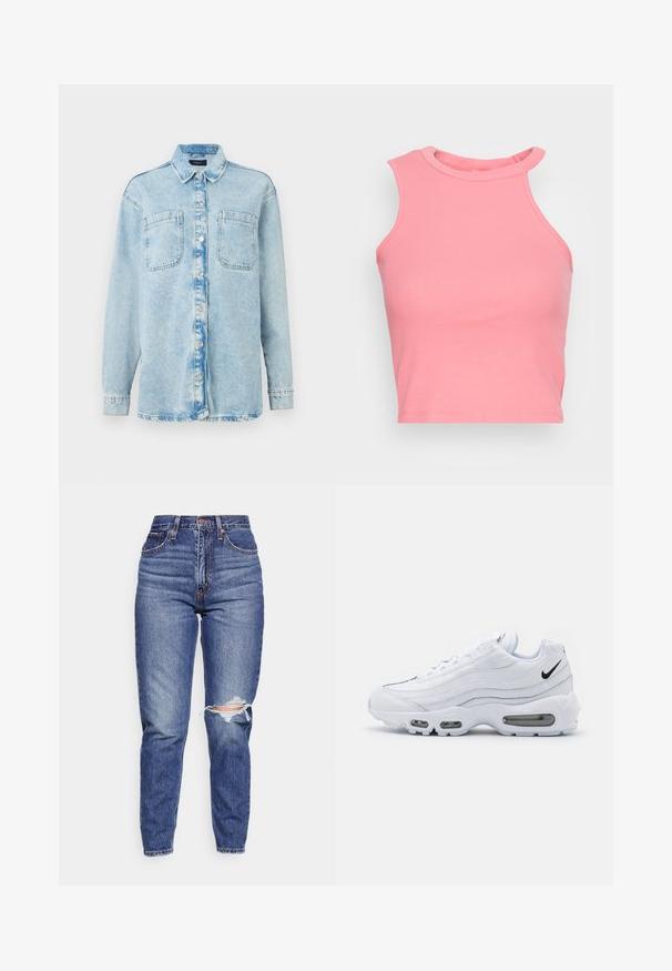 Heledsinine denimsärk pikkade varrukatega, kaks esist taskut, nööbiga kinnitamine, veidi kulunud disain ja klassikaline krae.; Roosa ribaga ilma varrukateta crop top kõrge kaelusega; sellel on sobiv kuju ja puhtad servad. Pehme tekstuur, minimaalsed nähtavad õmblused.; Kõrge vöökohaga sinised denimpüksid, millel on rebenenud põlv, kitsenev jalg, viie tasku disain ja oranž õmblusdetail kogu ulatuses.; Nike Sportswear AIR MAX 95 - Tossud - white/black