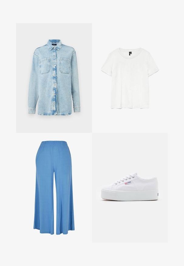 Chemise en denim bleu clair à manches longues, avec deux poches avant, fermeture à boutons, design légèrement délavé et col classique.; T-shirt blanc à manches courtes avec un col rond, fabriqué en tissu léger. Design simple, texture lisse et ourlet droit.; Pantalons larges bleu clair en tissu doux, dotés d'une taille élastique et d'une coupe ample qui s'étend jusqu'au milieu du mollet.; Baskets en toile blanches avec une épaisse semelle plateforme blanche, bout rond et œillets en métal pour les lacets. Logo de la marque affiché sur le côté.
