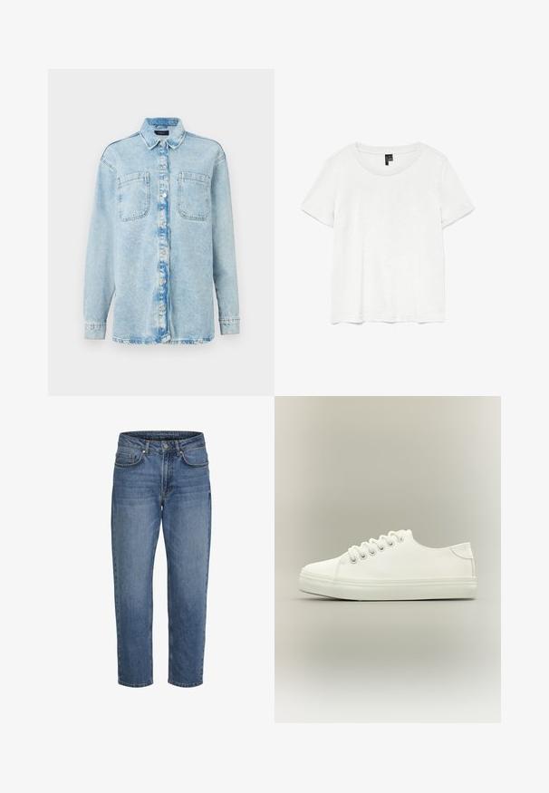 Himmelblaues Denim-Hemd mit langen Ärmeln, zwei vorderen Taschen, Knopfverschluss, leicht verblasstem Design und klassischem Kragen.; Weißes T-Shirt mit kurzen Ärmeln und rundem Ausschnitt, hergestellt aus leichtem Stoff. Schlichtes Design, glatte Textur und gerader Saum.; Blaue Jeans aus Denim mit geraden Beinen, vorne Knopf- und Reißverschluss sowie vordere und hintere Taschen, vor weißem Hintergrund dargestellt.; Weißer Low-Top-Sneaker mit weißen Schnürsenkeln und Gummisohle, seitlich auf neutralem Hintergrund dargestellt.