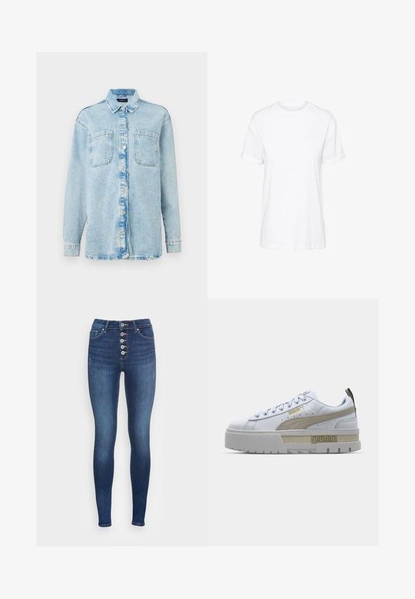 Camisa de denim azul claro con mangas largas, dos bolsillos frontales, cierre de botones, diseño ligeramente desgastado y cuello clásico.; Camiseta blanca de algodón con mangas cortas, cuello redondo y un corte holgado, con una textura suave y sin patrones visibles.; Jeans ajustados de denim azul con una cintura alta, cierre frontal de cinco botones y detalles de costura clásicos. Presenta una textura lisa y sin desgastes visibles.; Zapatilla blanca con una prominente franja beige, suela gris gruesa y detalles en dorado. Presenta cordones redondos y una lengüeta texturizada con el logo.