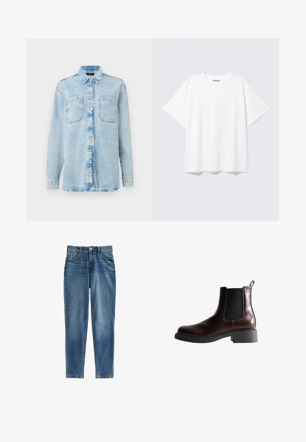 Camisa de denim azul claro con mangas largas, dos bolsillos frontales, cierre de botones, diseño ligeramente desgastado y cuello clásico.; Camiseta blanca de manga corta con cuello redondo y un ajuste holgado, con una etiqueta "WEEKDAY" en la parte interior trasera del cuello.; Jeans de mezclilla azul con fit recto, que cuentan con una cintura alta, cinco bolsillos y áreas sutilmente desgastadas para texturizar. Cierre con botón de metal.; Botín de cuero marrón con paneles laterales elásticos, puntera redonda y suela de goma negra texturizada. Presenta costuras en contraste y una pestaña para facilitar el calce.