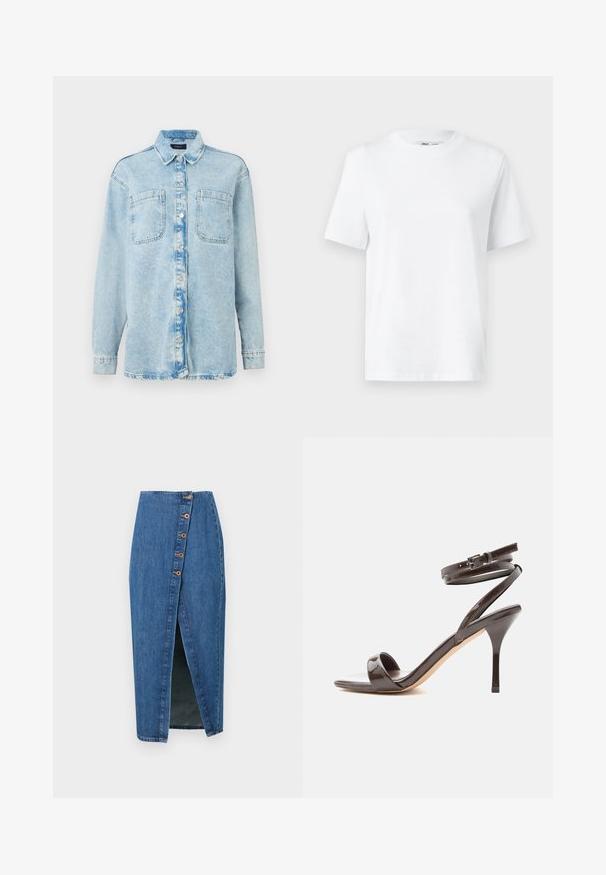 Lys blå denimskjorte med lange ærmer, to frontlommer, knaplukning, let falmet design og klassisk krave.; Hvid bomulds T-shirt med rund hals, kortærmet og en glat tekstur. Designet med en afslappet pasform for komfort og alsidighed.; Denim blyantskørt i mellemblå med en slidse foran, der har seks brune knapdetaljer langs sidesømmen. Glat tekstur og tætsiddende design.; Mørkebrune laklædersandal med høj hæl, tynd ankelrem og åben tå på hvid baggrund.