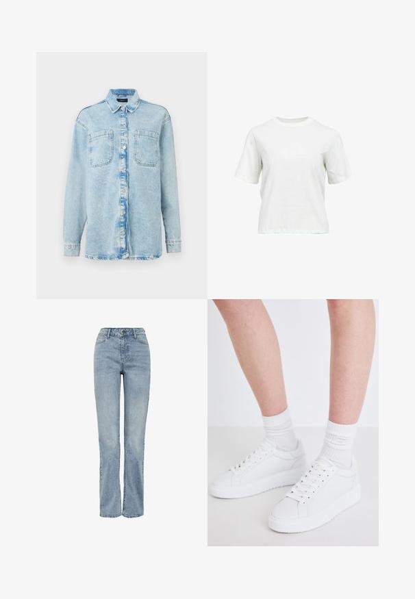 Heledsinine denimsärk pikkade varrukatega, kaks esist taskut, nööbiga kinnitamine, veidi kulunud disain ja klassikaline krae.; Valge lühikeste varrukatega, ümara kaelusega puuvillane T-särk, mille lõige on lõdvestunud, esitletud ühevärvilisel valgel taustal.; Hele sinised kõrge värvliga sirgete säärega teksapüksid, esitaskute, vööaasade, lukustamise ja nööpidega valgel taustal.; Copenhagen Studios CPH72 - Tossud - white