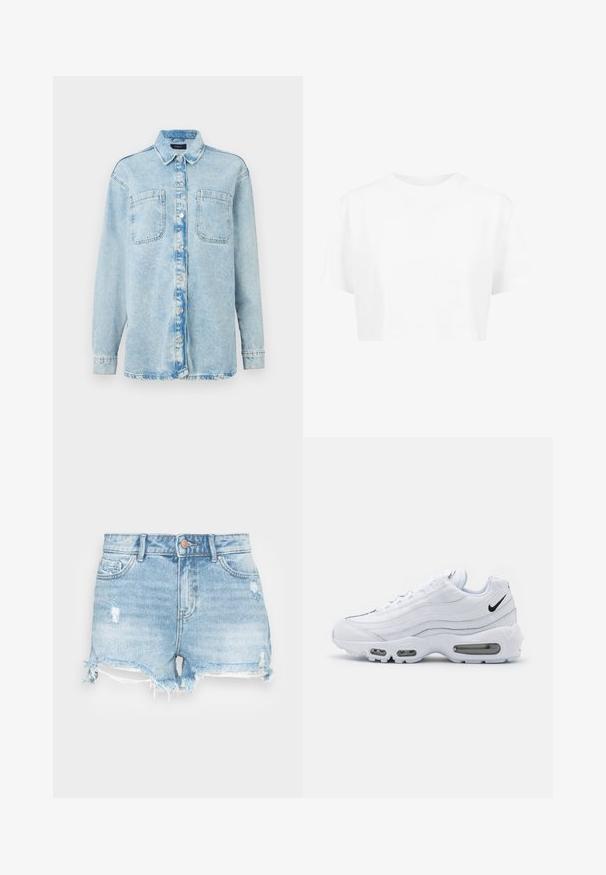 Himmelblaues Denim-Hemd mit langen Ärmeln, zwei vorderen Taschen, Knopfverschluss, leicht verblasstem Design und klassischem Kragen.; Weißes, kurzes T-Shirt mit kurzen Ärmeln und rundem Halsausschnitt, aus glattem Stoff, ohne sichtbare Muster oder auffällige Hardware.; Denim-Shorts in Hellblau mit einem verwaschenen Finish, fransigem Saum und klassischem Fünf-Taschen-Design. Mit einem Metallknopfverschluss.; Nike Sportswear AIR MAX 95 - Sneaker low - white/black