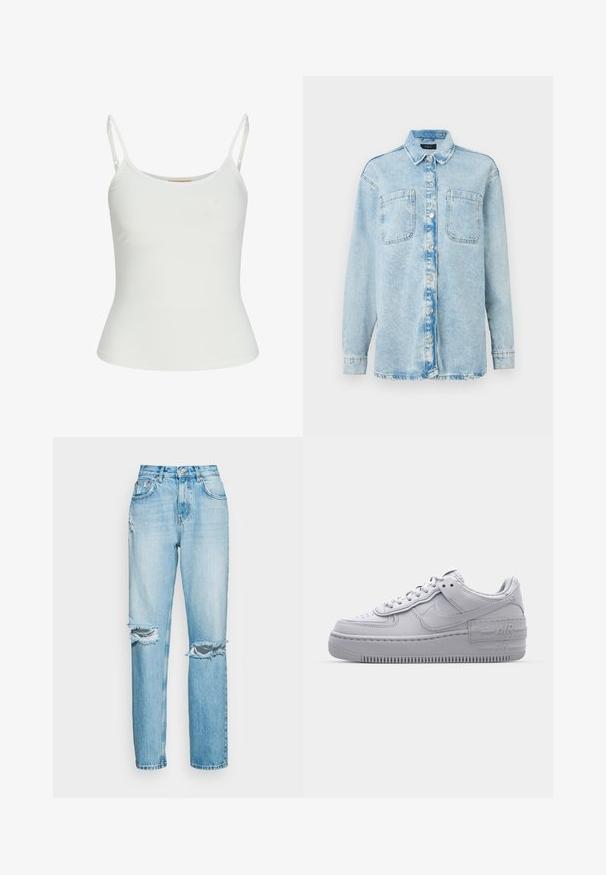 Chemise en denim bleu clair à manches longues, avec deux poches avant, fermeture à boutons, design légèrement délavé et col classique.; Top sans manches blanc avec bretelles réglables, design ajusté, texture de tissu lisse et encolure ronde. Aucun motif ni détail matériel.; ONLY ONLROBYN DESTROY - Jean boyfriend - light blue dnm; Basket en cuir lisse gris Nike Air Force 1 avec un bout perforé, une semelle épaisse et un détail 'AIR' en relief sur le talon.