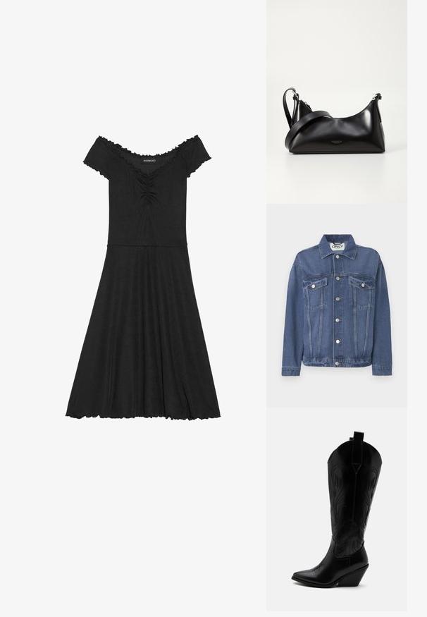 Denimjakke i en mellemblå nuance med et klassisk design. Har to brystlommer, sølvknapper og en krave.; Sort off-the-shoulder kjole lavet af ribbet stof, med en tætsiddende liv og en flagrende skørt samt bølget detaljering ved udskæringen.; Sort læder cowboystøvle med spidst tåparti, skråt blokhælhæl, dekorative sømme og trækstropper øverst mod hvid baggrund.; Sort læderhåndtaske med en glat tekstur. Har en justerbar stropp og et enkelt, minimalistisk design med lynlås.